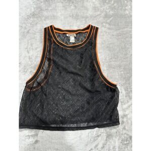 Forever 21 Tank Top Women's Size Large Black Mesh Cropped Orange Trim EUC‎